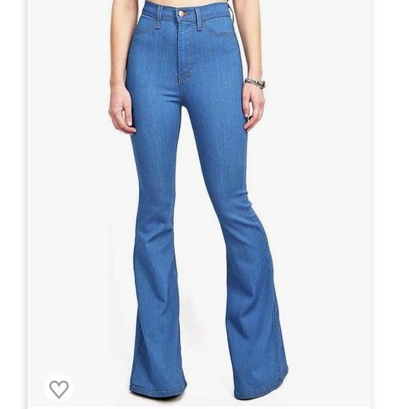 Vibrant Denim - Vibrant High-Waist Medium Blue Wash Stretchy Bell Bottom Jeans, Size 13 (W30)